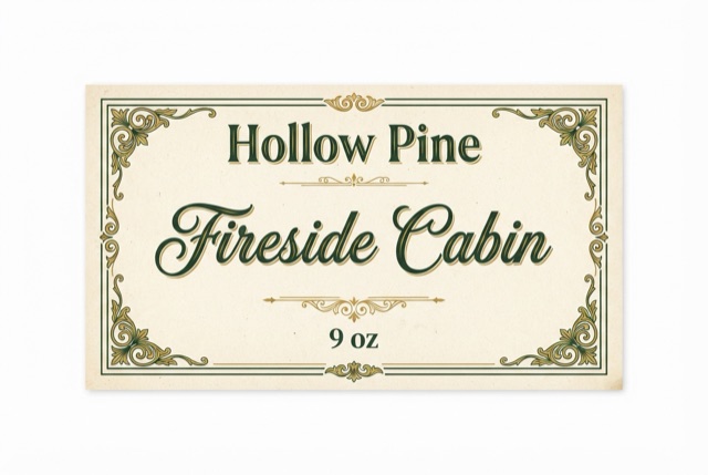 vintage candle label design for Fireside Cabin by Hollow Pine