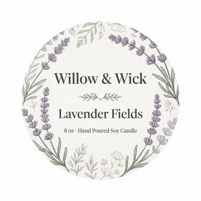 botanical candle label design for Lavender Fields by Willow & Wick